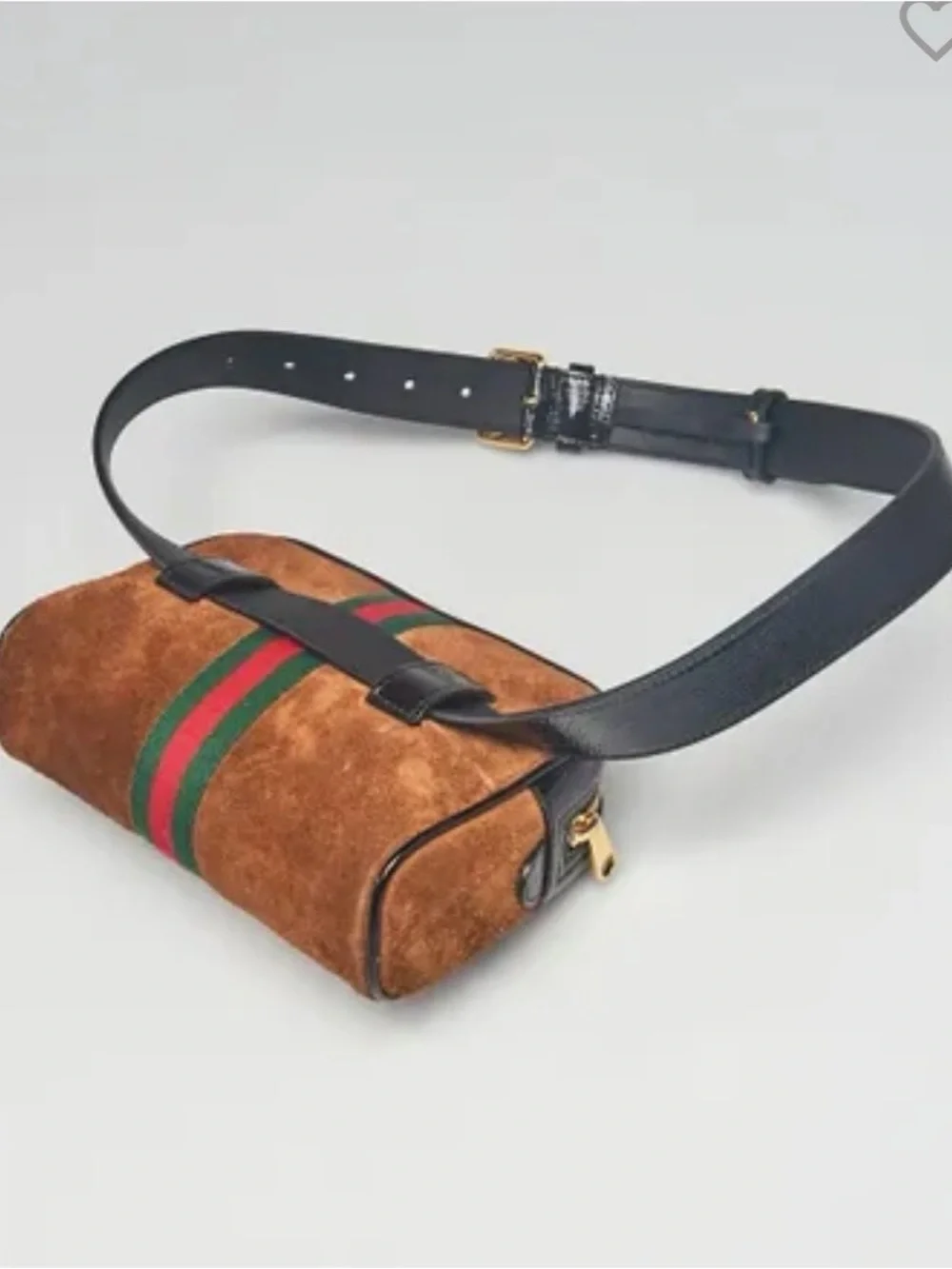 Gucci Brown Suede Belt Bag with Green-Red Web Stripe